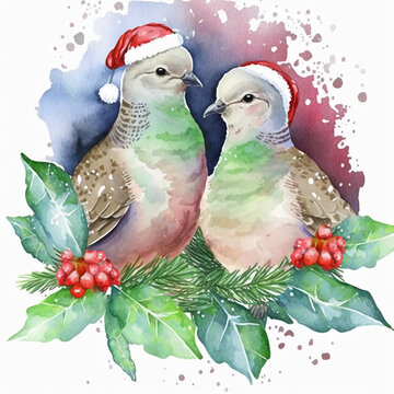 watercolor two turtle doves wearing a Santa hats