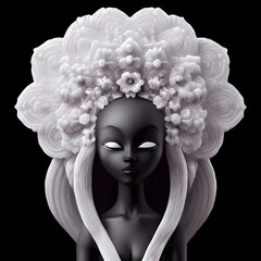 A 3d rendering of an opal anthracite statuette of a woman with flowers on her head. Statue/sculpture