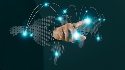 Businessman touching global networking and data exchanges customer connection on virtual screen. Network marketing concept.