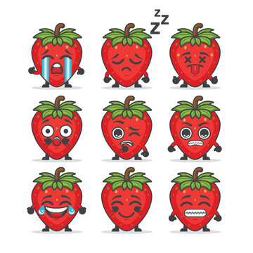 Strawberry character with various face expression. Happy cute cartoon apple emoji set. Healthy vegetarian food character vector illustration.