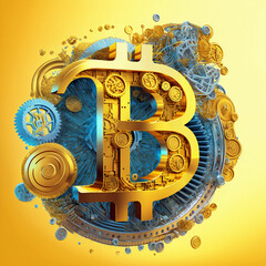 Golden Bitcoin symbol in the form of a mechanical civilization