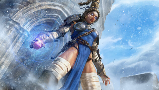A beautiful giant woman in plate armor and a blue tunic stands proudly and unshakably on guard at the northern snow-covered gate, energy accumulates in her fist, her eyes shine with magic 3d rendering