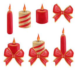 Set of isolated watercolor and gouache elements. A Christmas candle. Candle and bow. Christmas decorations. Decoration for Christmas. Painting. Color illustration.