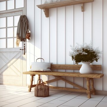 Farmhouse Entryway. Wooden Bench Near White Wall. Interior Mockup. 3d Render.