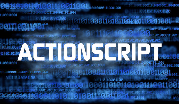 Word ActionScript and abstract cyberspace with binary code on dark background. ActionScript programming language.
