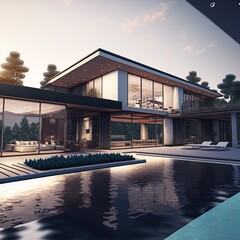 3D rendering of an upscale modern mansion with pool