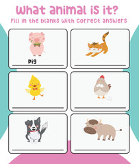 What animal is this printable worksheet. See and write the correct animal's names. Educational worksheet for preschool. Vector illustration.