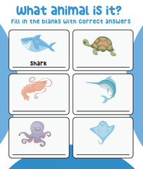 Fototapeta premium What animal is this printable worksheet. See and write the correct animal's names. Educational worksheet for preschool. Vector illustration.
