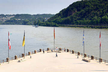 Panorama view from Emperor William monument statue towards Deutsches Eck (German Corner) between...