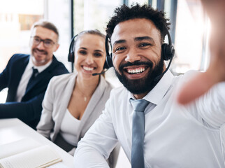 Selfie, business people or call center worker in diversity office collaboration, team building or...