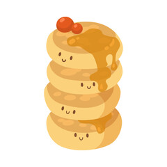 Funny pancakes with smiling faces illustration. Cute pancakes with berries and syrup character. Meal, morning routine concept