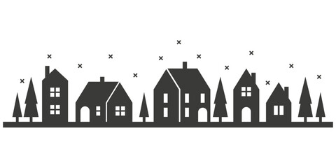 Silhouette of houses on the winter skyline. Suburban neighborhood landscape with snowfall. Countryside cottage homes. Glyph vector illustration.