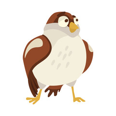 Scared sparrow standing cartoon illustration. Cute funny small brown bird with wide eyes on white background. Animal, wildlife concept.