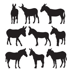 Donkey farm animal silhouette, set stencil templates