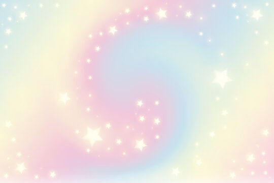 Pastel rainbow swirl background with stars. Fantasy neon unicorn pattern. Bright multicolored sky. Vector illustration.
