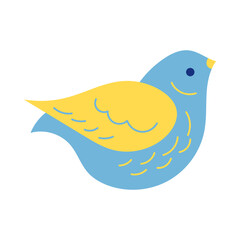 Bird in blue and yellow colors. Beautiful bird on white background cartoon illustration set. Nature, animal, greenery, flora, fauna concept