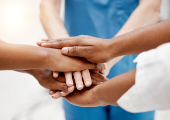 Hands, team and doctors, health collaboration with diversity in healthcare and teamwork for partnership closeup. Medical group, professional and support with solidarity and community in health care.