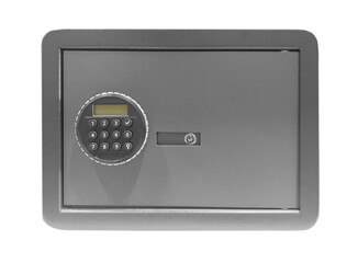 Armored steel safe with password lock isolated on white background. Open steel safe isolated.