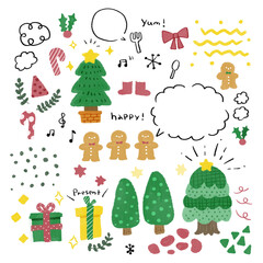 ゆるい手描きのクリスマスと吹き出しと模様のセット