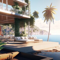 Beach luxury living on Sea view 3d render