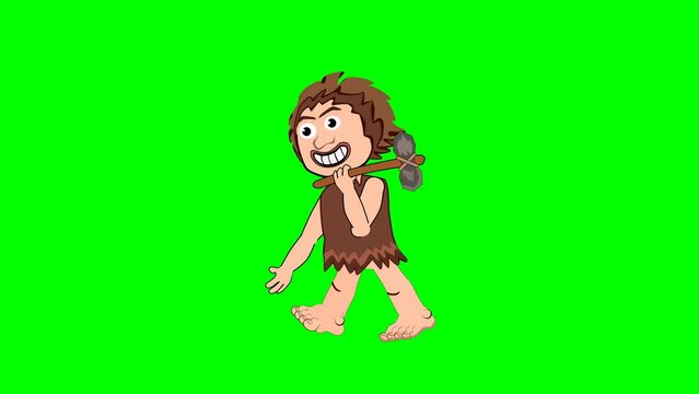 Caveman lift up  a stone axe on his shoulders walking loop 2d animation cartoon, green screen