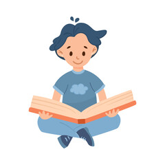 Happy boy with black hair reading book cartoon illustration. Smart boy sitting, reading, studying at home. Education, leisure, hobby, library concept