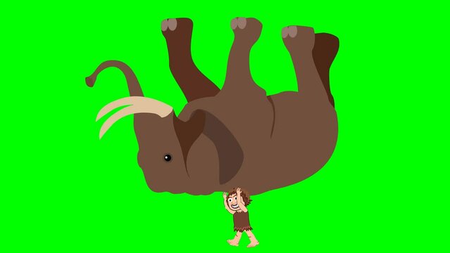 Caveman lift up  a stone axe on his shoulders walking loop 2d animation cartoon, green screen