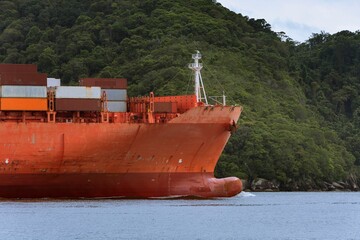 Container ship leaving the Port of the city of Santos, Brazil. 