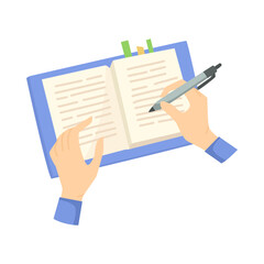 Hands of student with blue notebook and pen vector illustration. Arms of office or business person writing in diary with blue pen isolated on white background. Planning, education concept