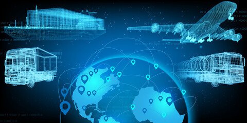 3D rendering illustration aeroplane cargo ship and Lorry truck with world maps blueprint glowing neon hologram futuristic show technology security for premium product business finance  transportation