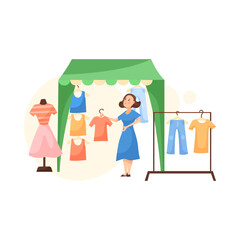 Fair booth with clothes and female seller flat vector illustration. Kiosk or store with vendor or merchant selling clothes. Food, clothes, street market concept