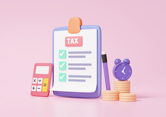 Checklist tax payments on clipboard paper. calculator, Alarm clock with coins stack, Financial economics learning information business document correct mark on pink background. 3d render illustration - obrazy, fototapety, plakaty