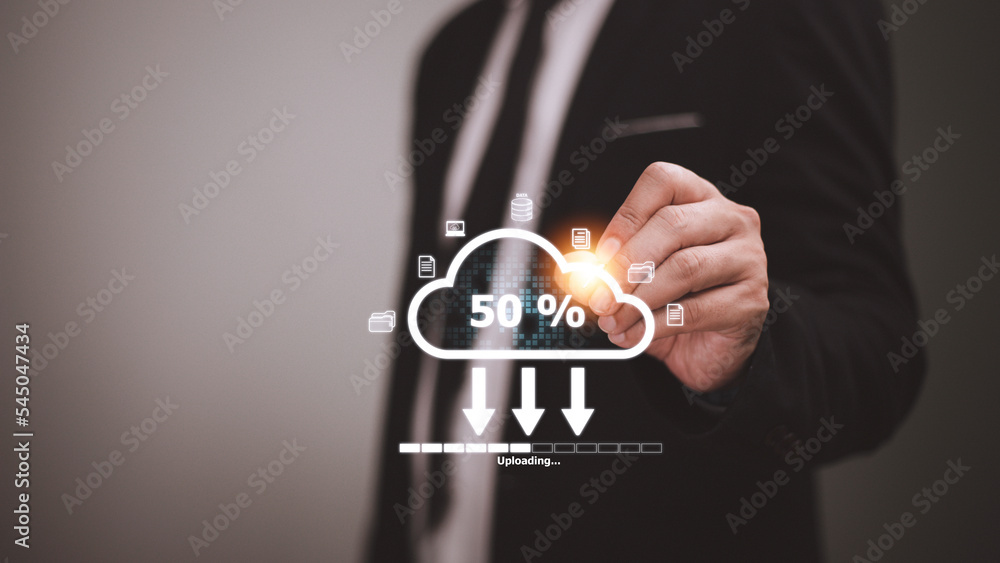 Poster cloud storage technology concept. businessmen use laptops to synchronize documents or data to online
