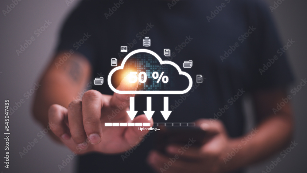 Poster cloud storage technology concept. businessmen use laptops to synchronize documents or data to online