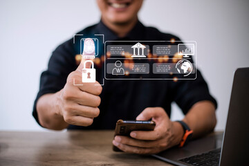 Concept of cyber security digital technology, business people use fingerprints to access personal cybersecurity, keeping users' personal information safe, secure internet access
