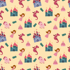 Seamless pattern with princess, castle, dragon and unicorn. Design for fabric, textile, wallpaper, packaging.	
