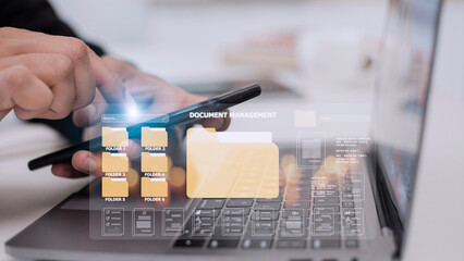 Document management concept. Virtual screen icons Document Management System (DMS) Online document database, software for efficient archiving, searching and management of company files and data.