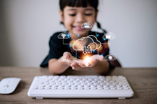 Icon cloud computing network and icon connection data information. Cloud computing and technology concept.