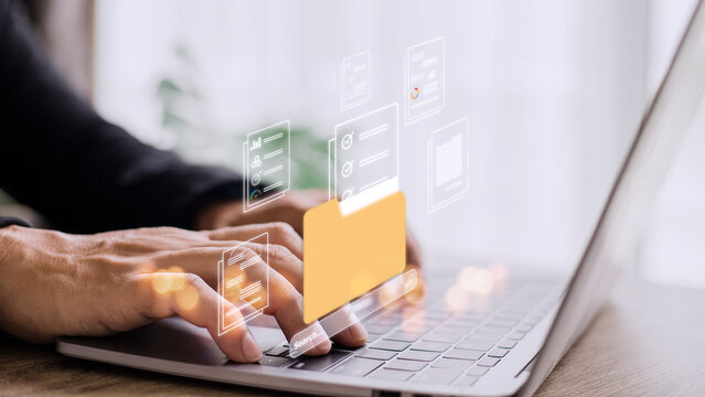 Uploading documents from folder. Open File folder with flying blank documents. Data transfer backup, File Sharing, Document Transferring concept