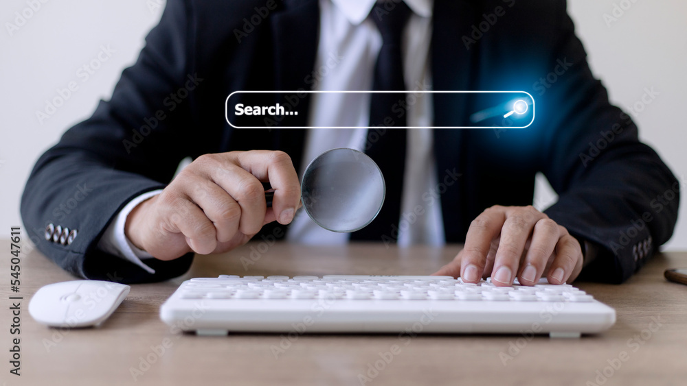 Poster people hand using laptop or computor searching for information in internet online society web with s