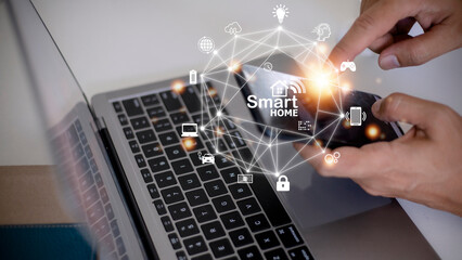 Smart home automation concept on virtual screen.