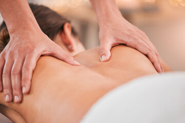 Spa, relax and massage with back of woman for beauty, skincare and wellness therapy. Peace, health...