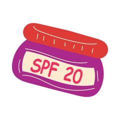 Purple jar of sunblock lotion with label vector illustration. Sun safety, lotion with SPF, sunscreen for skin care during summer isolated on white background. Cosmetics, summer, protection concept