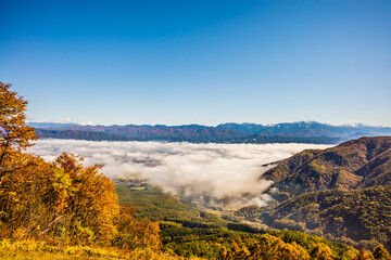 長野県伊那市に上空の雲海。鳩吹城跡から撮影