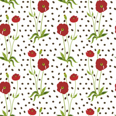 Vector pattern repeat of use red poppy on a white spotted background