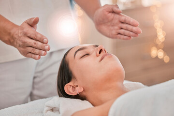 Woman, hands or relax reiki spa for stress management, headache relief or healthcare wellness in...