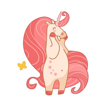 Shy happy unicorn blusing cartoon illustration. Beautiful and adorable pink magic character touching face isolated on white background. Fantasy, fairy tale concept