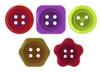 Clothes button set. Vector illustrations of plastic buttons in different colors and shapes. Cartoon accessory for sewing shirt, jacket, dress by tailor isolated on white. Fashion, needlework concept