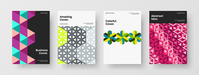 Vivid geometric pattern leaflet illustration bundle. Creative catalog cover A4 vector design concept set.