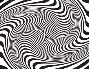 Line art optical art. Psychedelic background. Monochrome background. Optical illusion style. Black dark background. Tire Tracks. Graphic ornament. Vector template 